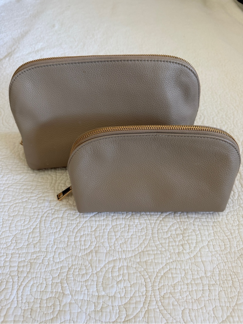 Quince Taupe Leather Cosmetic Pouch Duo with Gold Zippers
